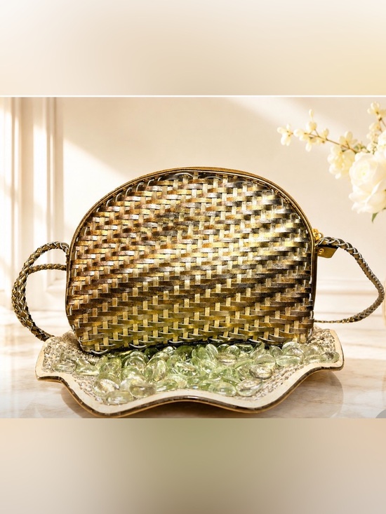 Handbags - Allen Edwards Elegant Woven Gold and Brown Vegan leather Women's Bag